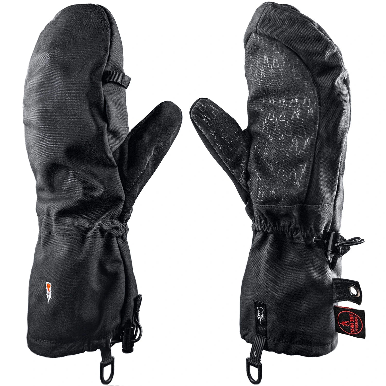 Black Polar Hood mittens by The Heat Company with brand logos on a white background.