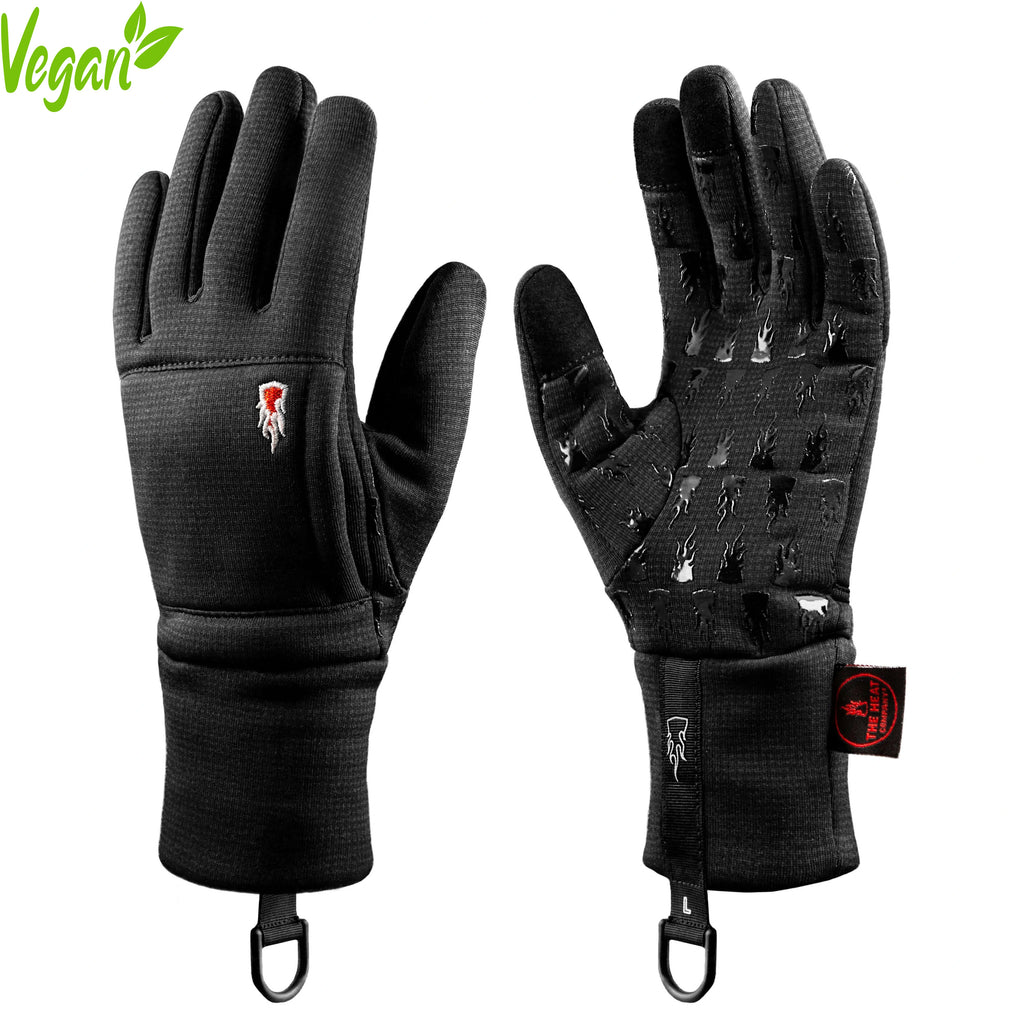 Black gloves Windpro Liner with The Heat Company brand logo on a white background, featuring the word 'Vegan'.