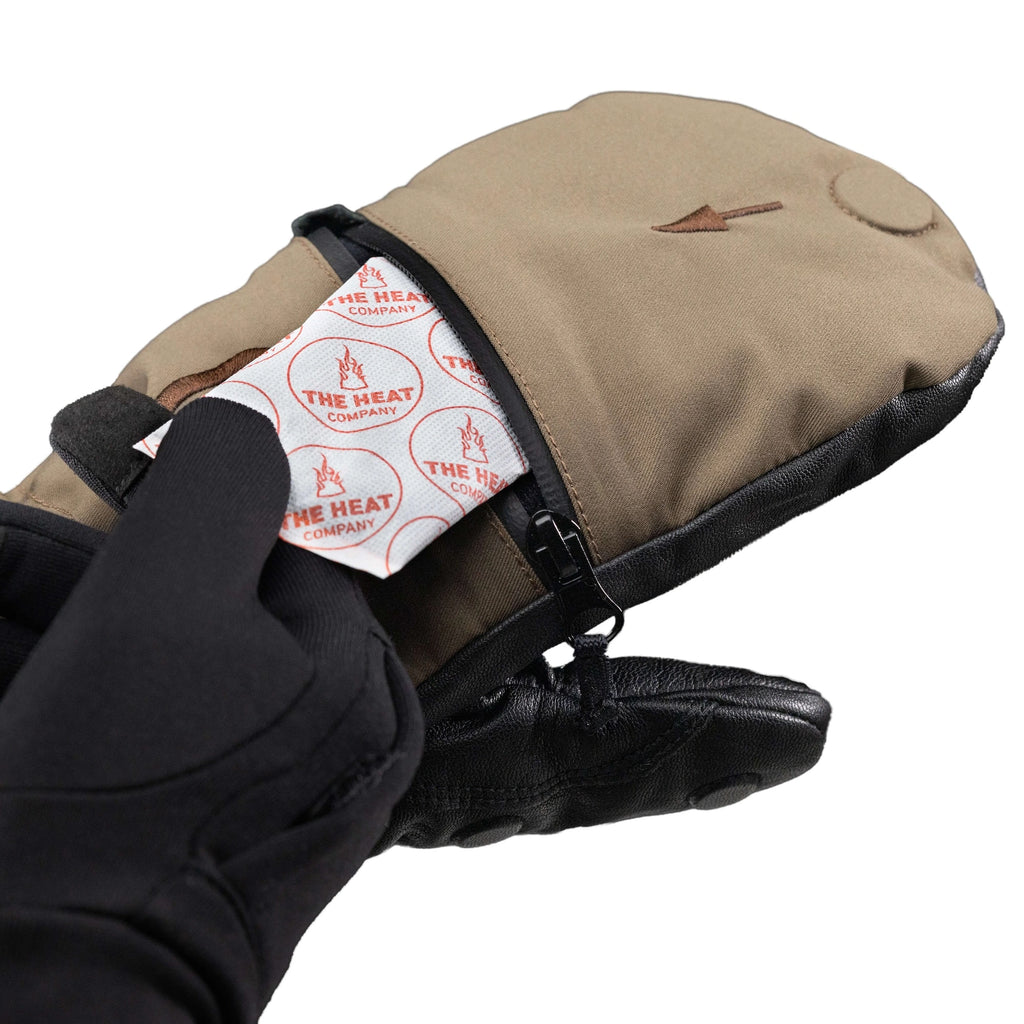 Beige glove Shell with a heating pad labeled 'The Heat Company' on a white background.