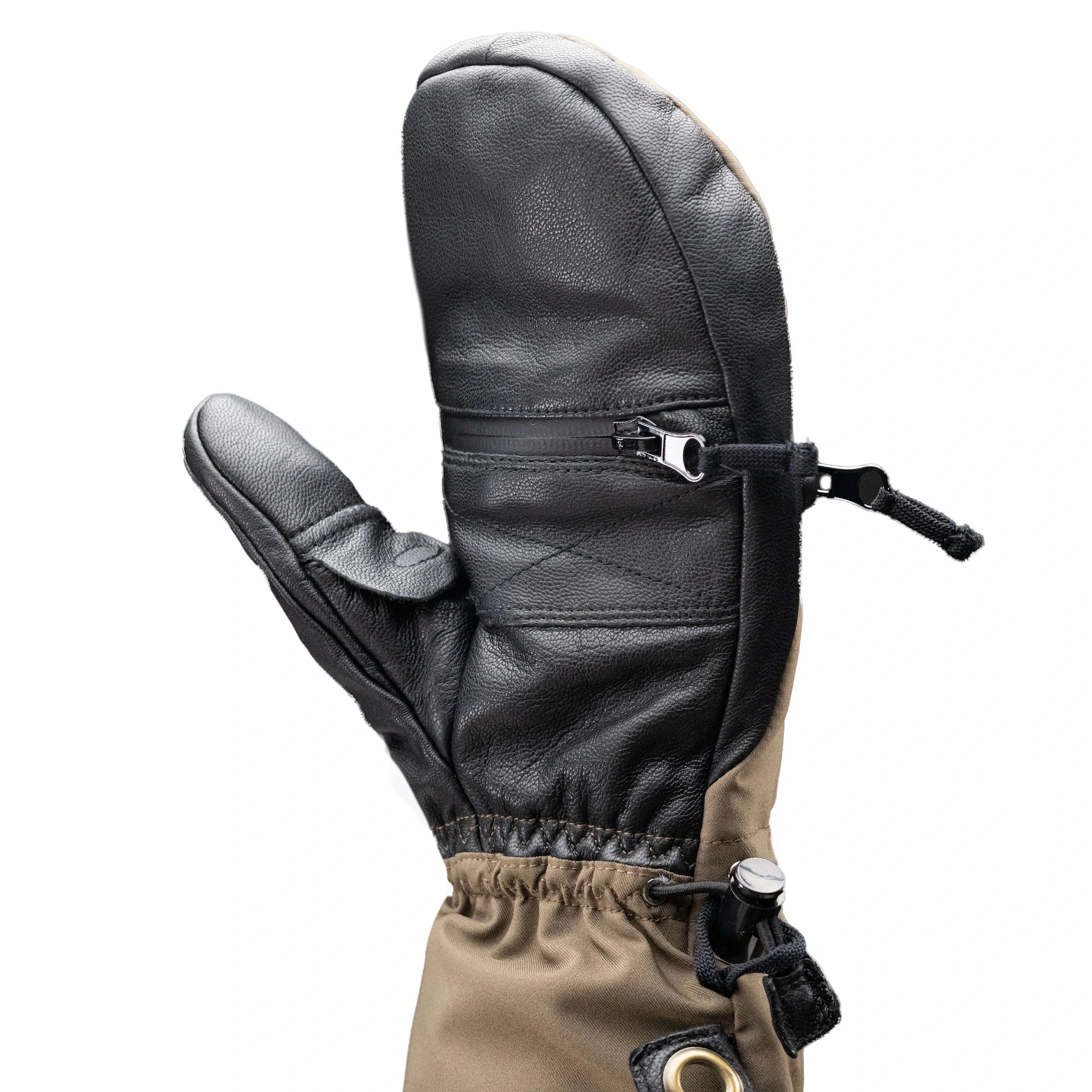 Black leather glove / mitten Shell with a zipper on a white background.